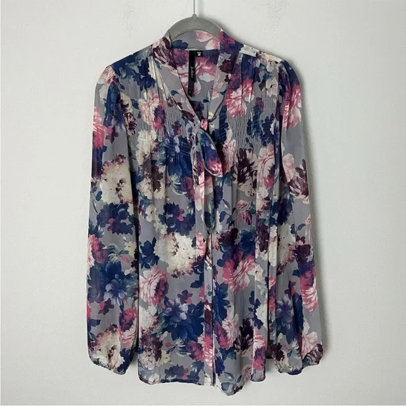 Bellatrix Women's Blouse Size Medium Top Long Sleeves Floral Bow Semi-Sheer - Picture 2 of 6